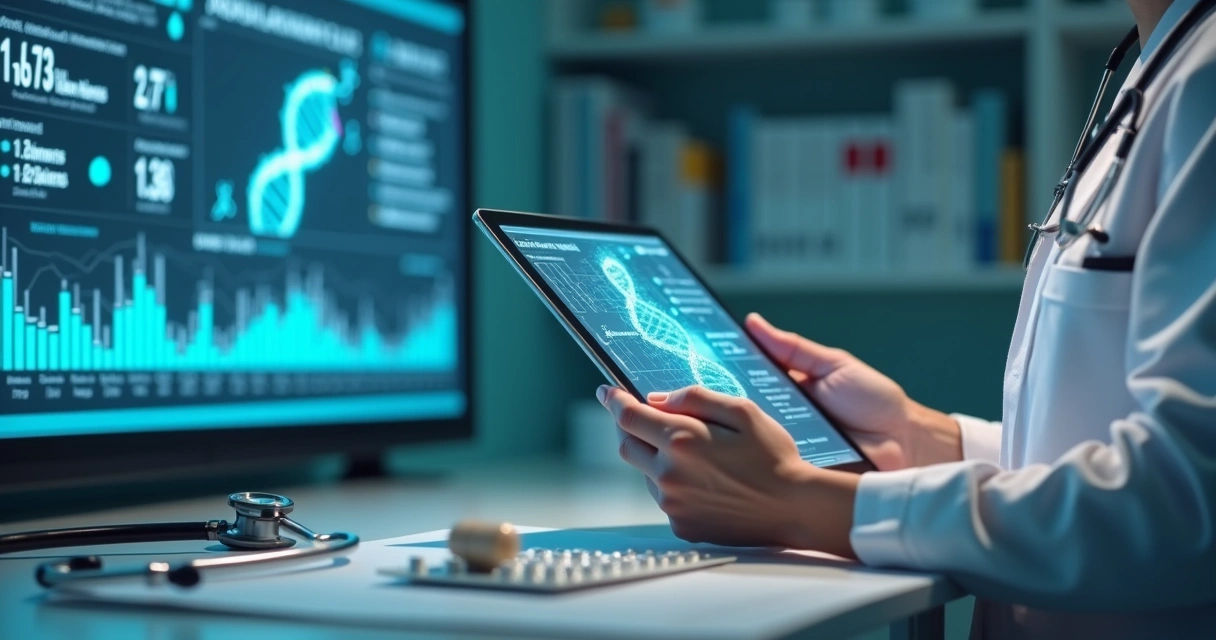 Médico segurando laudo de DNA diante de tela com prescrição digital e genes