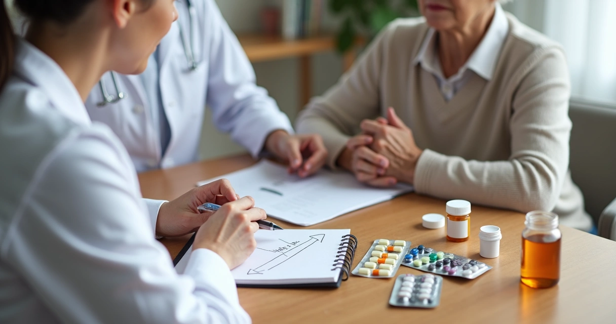 Médica explica ao idoso sobre vários medicamentos na mesa
