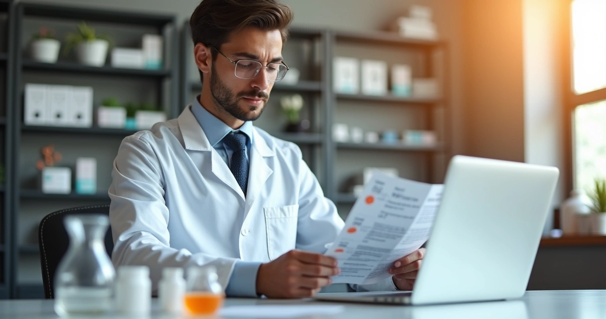 Farmacêutico analisando bula com computador e vidraria