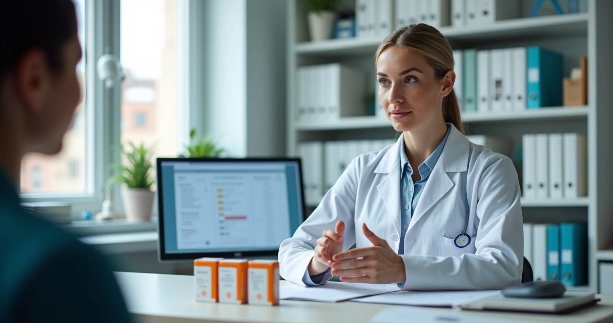 Profissional de saúde discutindo medicamentos